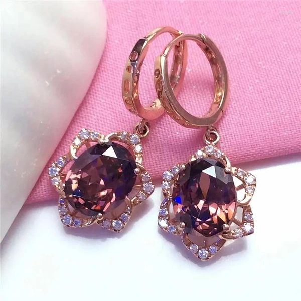 Boucles d'oreilles pendantes 585 plaqué or violet 14 carats rose incrusté de fleur d'améthyste légère pour femmes classiques de luxe bijoux de fiançailles de mariage
