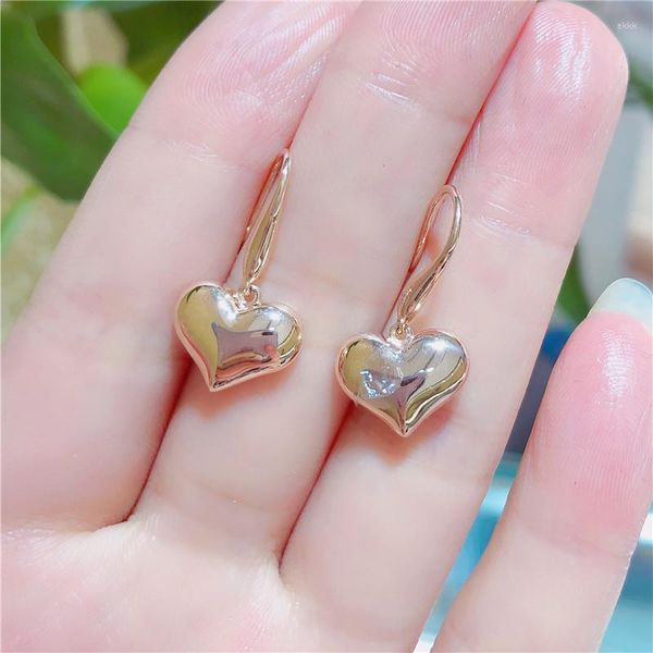 Pendientes colgantes chapados en oro púrpura 585, corazón brillante rosa de 14 quilates para mujer, joyería de boda de compromiso dulce romántica de moda clásica