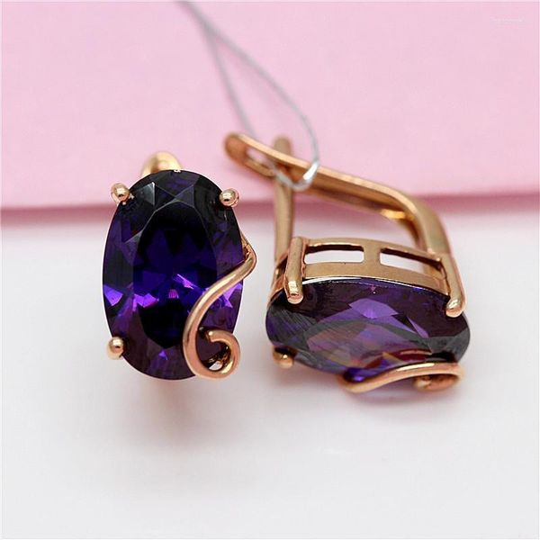 Boucles d'oreilles pendantes 585 violet plaqué or 14K Rose incrusté d'améthyste ovale pour les femmes charme romantique lumière luxe bijoux de mariage cadeau