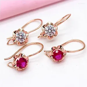 Boucles d'oreilles pendantes en or violet 585 avec fleur de cristal rouge pour femme plaqué rose 14 carats incrustée de pierres précieuses, petits bijoux à breloques élégants et doux