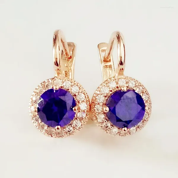 Boucles d'oreilles pendantes couleur or Rose, Style bureau, pierre violette et bleue, goutte ronde, mode femmes, bijoux cadeau, 585