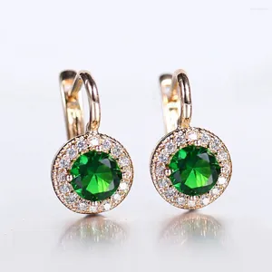 Boucles d'oreilles pendantes couleur or Rose 585 pour femmes et filles, strass vert clair, Zircon cubique, bijoux de fête de mariage de forme ronde, DGE278