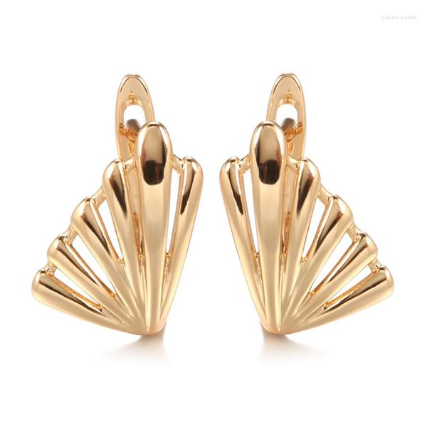 Pendientes colgantes de concha de pluma de oro rosa 585, Clip hueco brillante a la moda para mujer, joyería fina de boda étnica simétrica