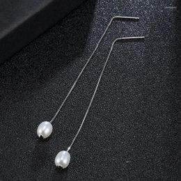 Boucles d'oreilles pendantes 6-7mm en forme de riz, perles d'eau douce naturelles, pompon en argent Sterling 925, longue ligne, cadeaux de personnalité à la mode pour femmes