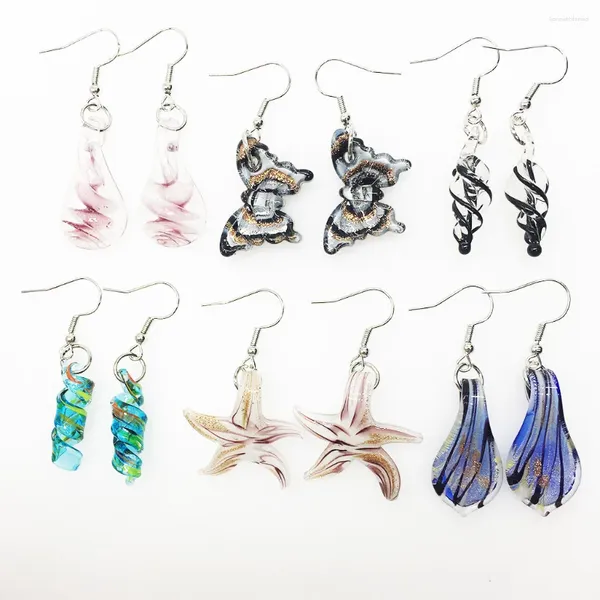 Boucles d'oreilles pendantes en verre de Murano pour femmes, 6 paires de formes différentes, glaçure, étoiles papillon, étoile de mer, gouttes d'eau en spirale