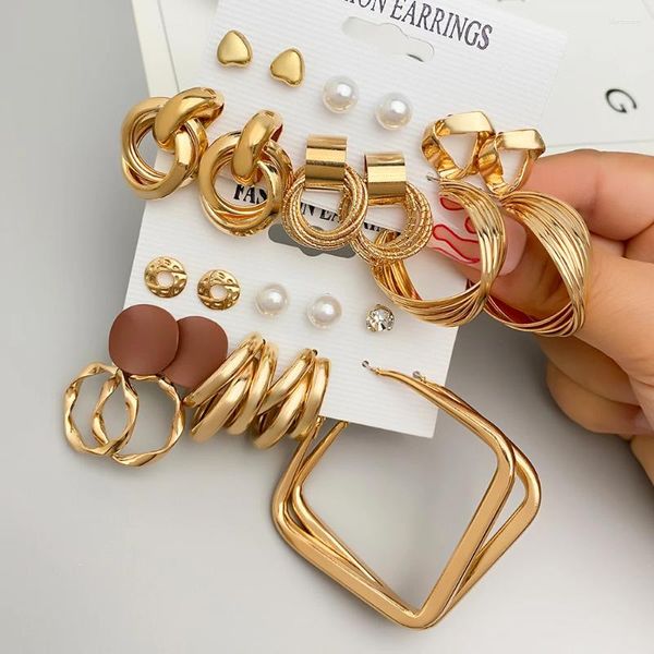 Boucles d'oreilles pendantes 6 pièces en métal de couleur or exagéré pour les femmes mode coréenne perle géométrique torsadée Vintage boucles d'oreilles bijoux cadeaux
