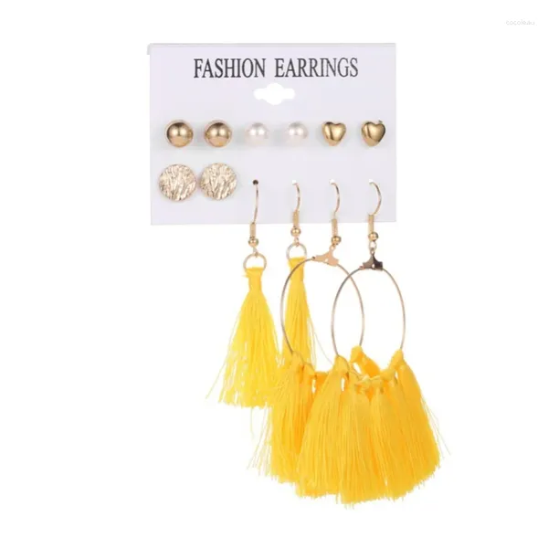 Boucles d'oreilles en peluche 6 PC / Set Boho Geométrique jaune glounage Fil de soie creux Circle Bling Alloy Drop pour les femmes