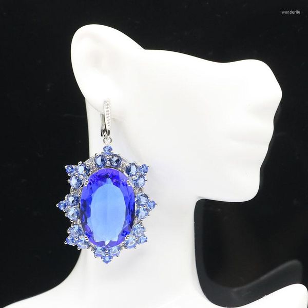 Boucles d'oreilles pendantes 61x37mm Magnifique Big Heavy 36g Rich Blue Violet Tanzanite White CZ Women Dating Silver