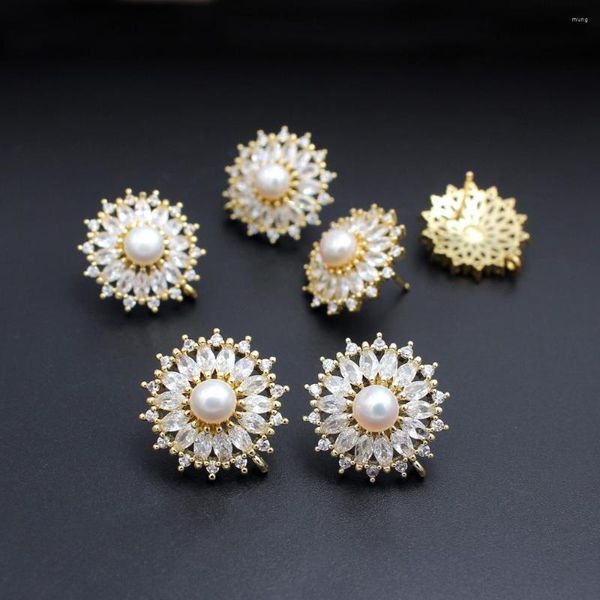 Boucles d'oreilles pendantes 6 paires en argent sterling 925 avec tiges de fleurs plaquées or et zircone cubique - Connecteurs de base de perles d'eau douce - DIY