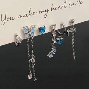 Boucles d'oreilles papillon en cristal bleu exquis pour femmes, 6 pièces, nœud papillon romantique, chaîne en forme de cœur, accessoires pompon, bijoux à la mode