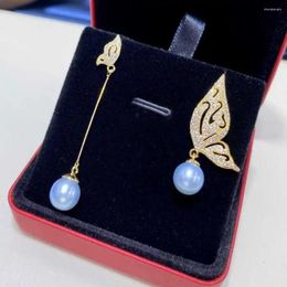 Boucles d'oreilles pendantes 7-8MM, perle d'eau douce, pendentif bleu gris 18K, fête papillon, année de culture, crochet de mariage porte-bonheur, bijoux