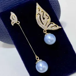 Boucles d'oreilles pendantes 7-8MM perle d'eau douce bleu gris pendentif 18K papillon de culture saint valentin fête des mères Halloween fête des femmes
