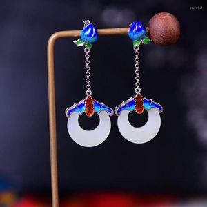 Boucles d'oreilles pendantes en argent 7304 # S925, néphrite naturelle Cheongsam, pierre précieuse en émail de fête