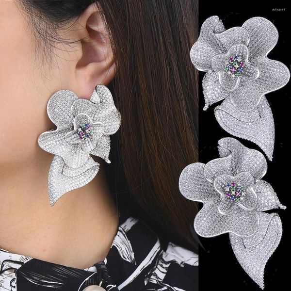 Pendientes colgantes de lujo de 77MM con forma de flor floreciente grande para mujer, joyería nupcial para boda