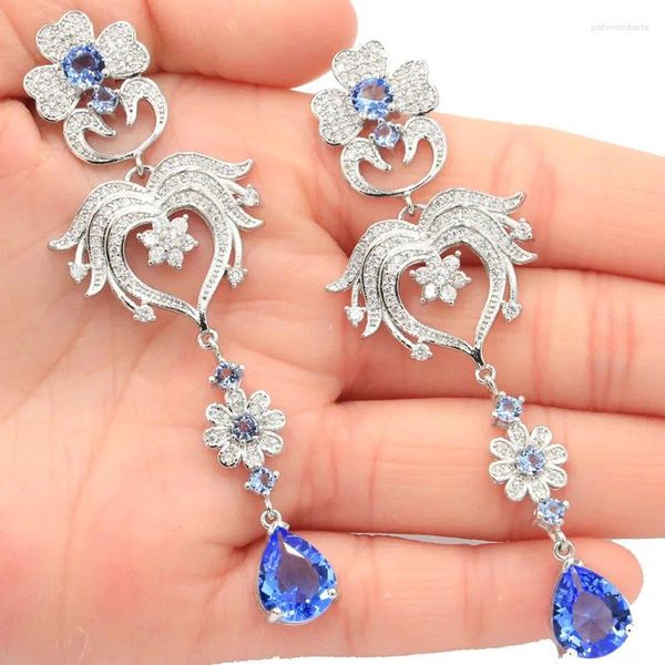 Boucles d'oreilles pendantes 78x26mm multicolores longues, gros 15g, tourmaline rose, citrine, aigue-marine, topaze bleue de Londres, violette, tanzanite, argent pour femmes