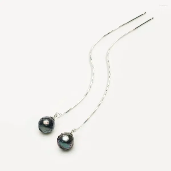 Boucles d'oreilles pendantes 8,1 mm Perle de Tahiti à facettes noires Enfileur en argent sterling 3,7