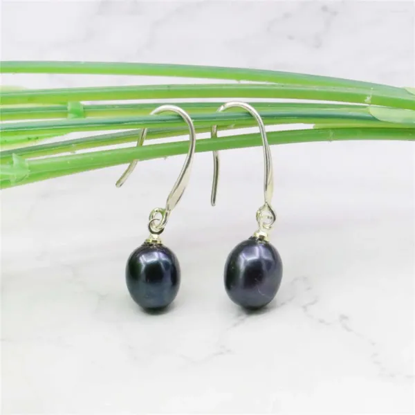 Boucles d'oreilles pendantes 8-9mm, coquille d'eau douce de riz noir, perle goutte d'eau Sterling, cadeau de noël pour femmes et filles, conception de fabrication de bijoux