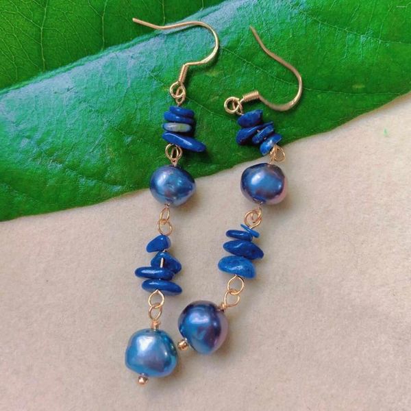 Boucles d'oreilles enveloppées 8-9 mm Natural Baroque Peacock Blue Pearl Lapis Lazuli Gold Oreau Hook Bridal Unisexe Diamond Teens Party Casual Men Women