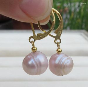 Dangle Oorbellen 9-10mm Zuidzee Roze Paars Barok Parel GEEL GOUD