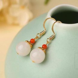 Dangle Oorbellen 9,5 mm Natuurlijke Witte Jade Rode Agaat Eardrop 18k Goud Jaar Zoetwater CARNAVAL Thanksgiving VALENTIJNSDAG Bruiloft