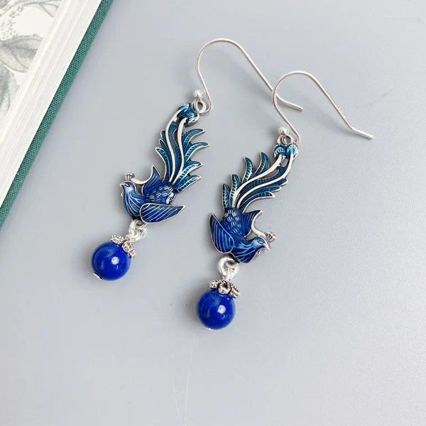 Boucles d'oreilles en peluche 925 Silver Blue Email Phoenix Tassel pour femmes Lapis Lazuli Chinois Style Exagéré