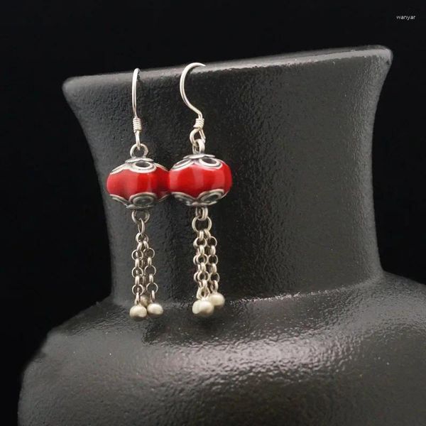 Boucles d'oreilles pendantes en argent 925, émail artisanal rouge kaki Simple pour femmes, créatives Ruyi Vintage Style ethnique, boucles d'oreilles à pampilles, bijoux