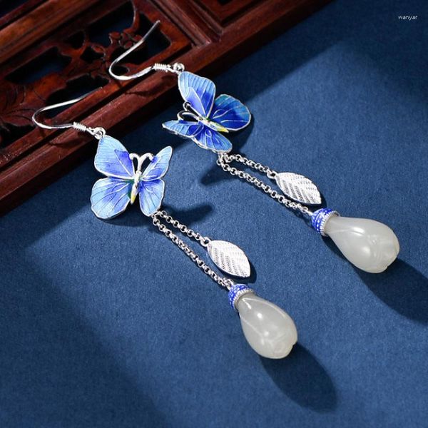 Boucles d'oreilles en peluche 925 Silver Ematel Papier bleu Blue pour femmes Exquise Long Style Natural Natural an Jade Orchid Jewelry Gift