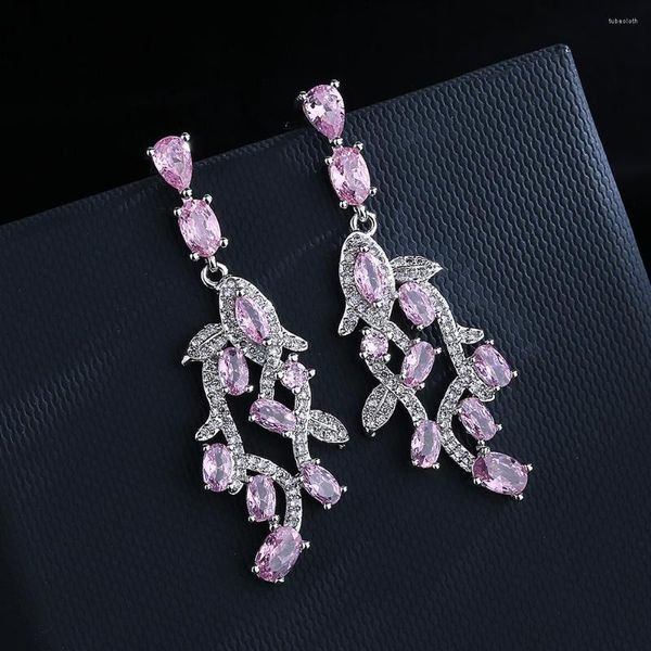 Boucles d'oreilles pendantes en argent 925, feuille de Zircon rose de haute qualité pour femmes, longues bijoux de Banquet d'anniversaire, cadeau, vente en gros