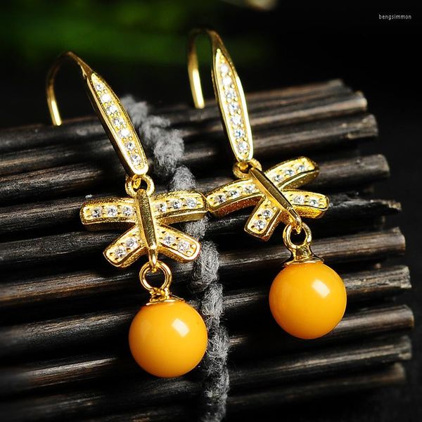 Pendientes de colgaci￳n 925 Silver Controlada Natural genuina miel Bola Drop de huevo Amber Face Jade Butterfly