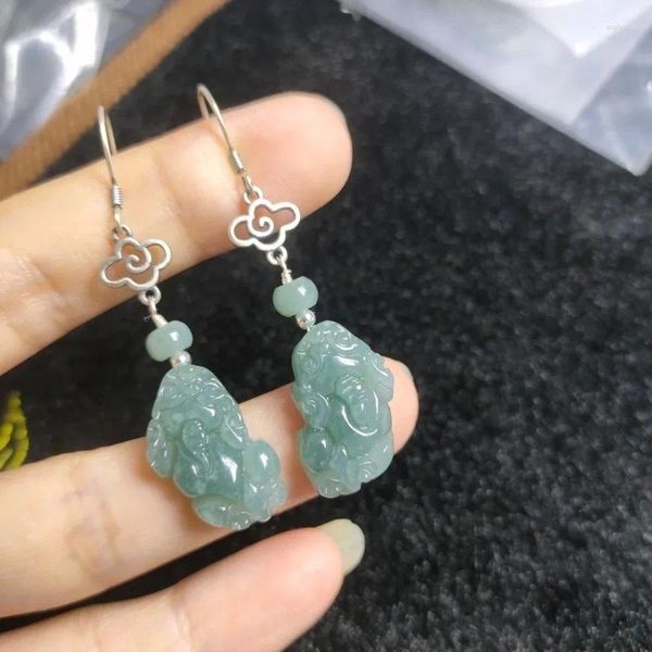 Boucles d'oreilles pendantes en argent 925 avec incrustation d'émeraude birmane Jade bleu eau Pixiu boucle d'oreille perles vert naturel réglable bijoux pour femmes personnalisés