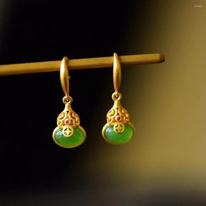 Boucles d'oreilles pendantes en argent 925 naturel, perles de gourde en Jade, bijoux à breloques, accessoires de mode, sculptées à la main, amulette pour hommes et femmes, cadeaux