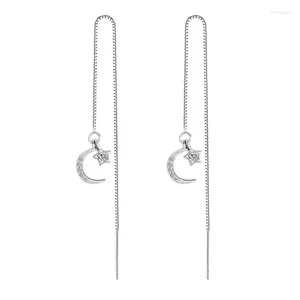 Boucles d'oreilles pendantes en argent 925, longue chaîne en Zircon, étoile, lune, piercing, goutte, cadeau de fête pour femmes et filles, bijoux Eh2103