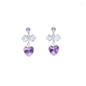 Boucles d'oreilles pendantes en argent 925, aiguille en Zircon, nœud papillon, cristal d'amour pour femmes, brillant, cœur de jeune fille, mode fête de mariage, bijoux Gif