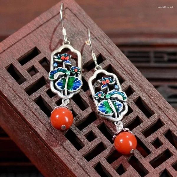 Pendientes de colgación 925 Silver South Red Turmaline Bead para mujeres Venta y exquisito estilo nacional de loto de color nacional