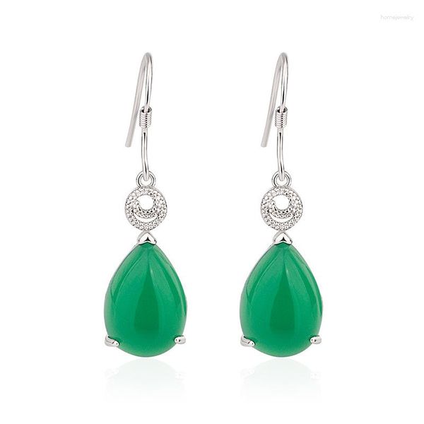 Pendientes colgantes de plata 925, joyería de Jade Esmeralda a la moda, gota de agua, ágata verde Natural, calcedonia, piedras preciosas, regalos para mujeres