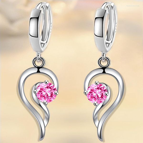 Boucles d'oreilles pendantes 925 timbre plaqué argent femmes goutte mode mignon coeur pendentif haute qualité Zircon boucle d'oreille pour amoureux bijoux