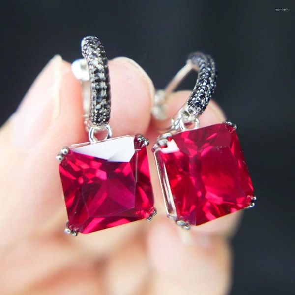 Boucles d'oreilles pendantes en argent sterling 925, coussin de 12 mm, coupe laboratoire, émeraude, rubis, diamant suspendu avec pierres noires/rouges, bijoux fins, vente en gros