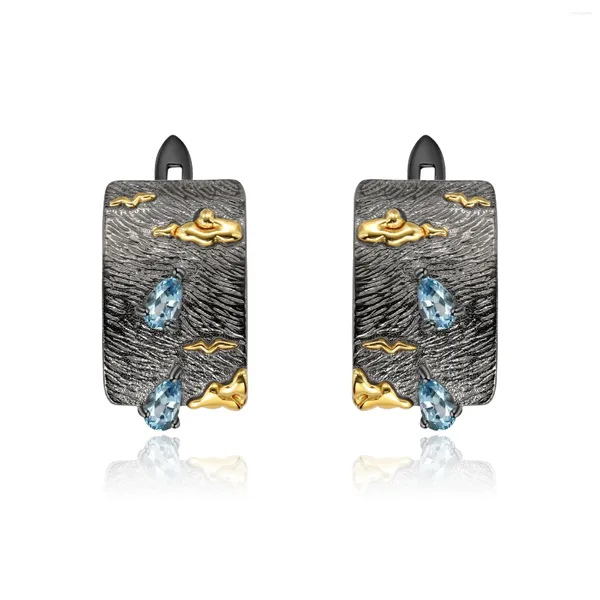 Boucles d'oreilles pendantes en argent Sterling 925, bijoux artistiques, anneau d'oreille fait à la main, nuages, hirondelles de mer, pierre de topaze bleue naturelle suisse, Clip sur