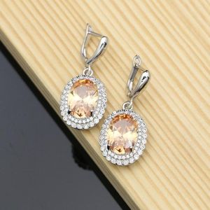 Dangle Oorbellen 925 Sterling Zilver Champagne Steen En Witte CZ Voor Bruids Decoratie Set Drop