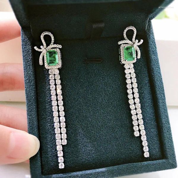 Boucles d'oreilles en peluche 925 Sterling Silver Emerald Bowkknot Tassel Fine Jewelry Party Birthday Gift Wholesale