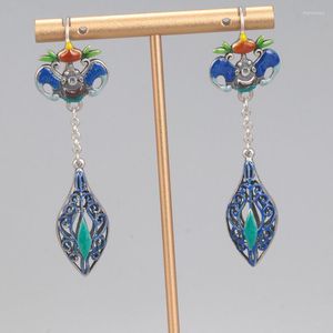 Bengelen oorbellen 925 sterling zilveren email vleermuis lange kwast voor vrouwen retro etnische bohemia blauw holle traan hangende eh165