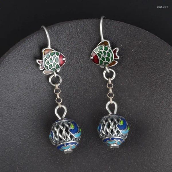 Boucles d'oreilles pendantes en argent Sterling 925, petit poisson en émail pour femmes, rétro ethnique, longue suspension, bijoux certifiés, vente en gros, EH160