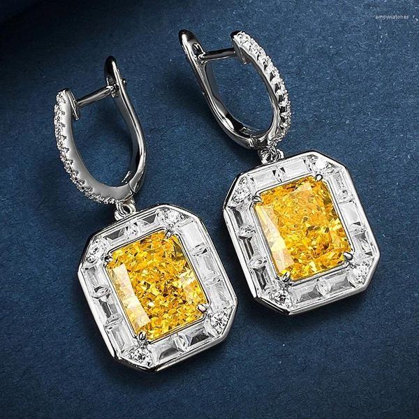 Boucles d'oreilles pendantes en argent sterling 925 avec zircon jaune géométrique exquis autour d'une goutte de CZ blanche éblouissante pour les femmes de tempérament bijoux fins