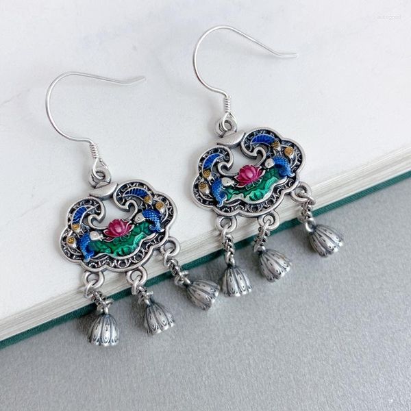 Pendientes colgantes de Plata de Ley 925 con forma de flor de pez para mujer, esmalte colorido hecho a mano, loto hueco, joyería con borlas EH217