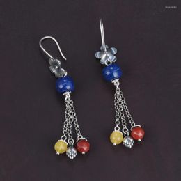 Dange oorbellen 925 Sterling Silver Flower Tassel Lange vrouwen retro etnische lapis lazuli bijenwax agaat kralen lotus druppel eh173