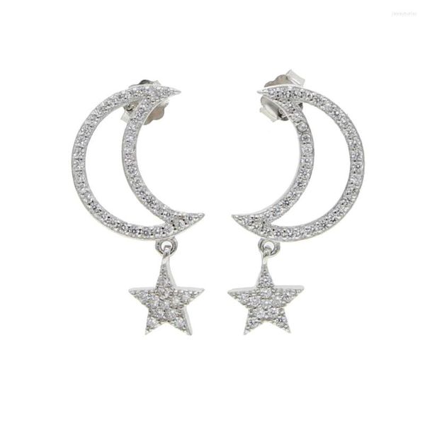 Pendientes colgantes de plata de ley 925 con circonita cúbica completa, colgante de luna y estrella bohemia para mujer y niña, joyería de Metal Punk Vintage