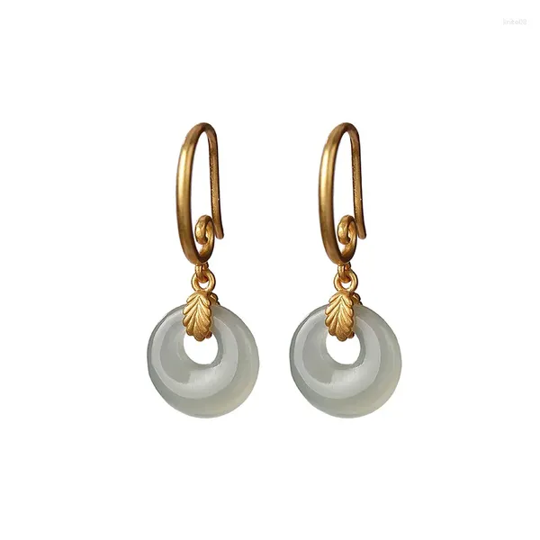 Pendientes colgantes 925 STERLINGA STERRING Gold Natural Hetian Grey Jade Hojas personalizadas Paz Pense Pending para damas