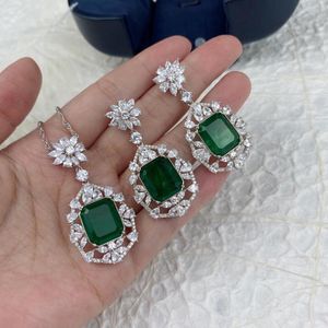 Dangle Boucles d'oreilles 925 Sterling Silver Green Diamond Jewelry Square Zircons Real Emerald Pendentif Collier Ensemble