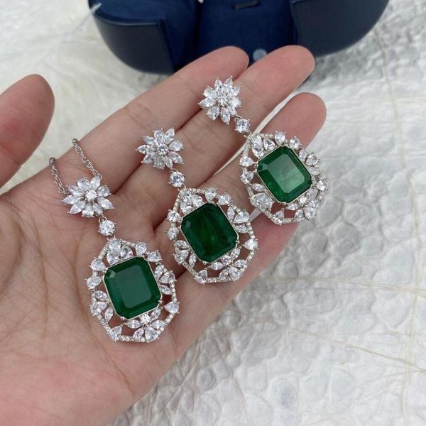 Dangle Boucles d'oreilles 925 Sterling Silver Green Diamond Jewelry Square Zircons Real Emerald Pendentif Collier Ensemble