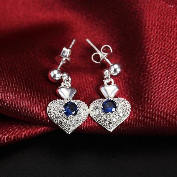 Pendientes colgantes de Plata de Ley 925 con forma de corazón y circón azul para mujer, para boda, compromiso, fiesta, moda, regalos de joyería